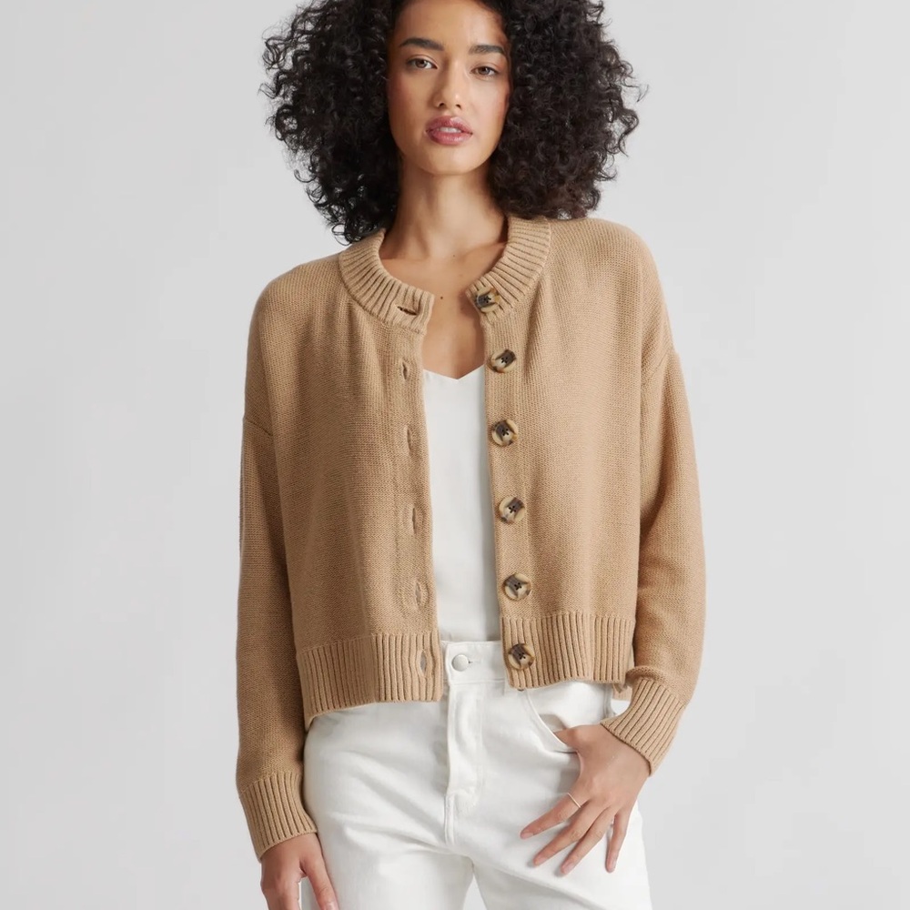 Quince 100% Organic Cotton Cropped Cardigan in Camel Size S